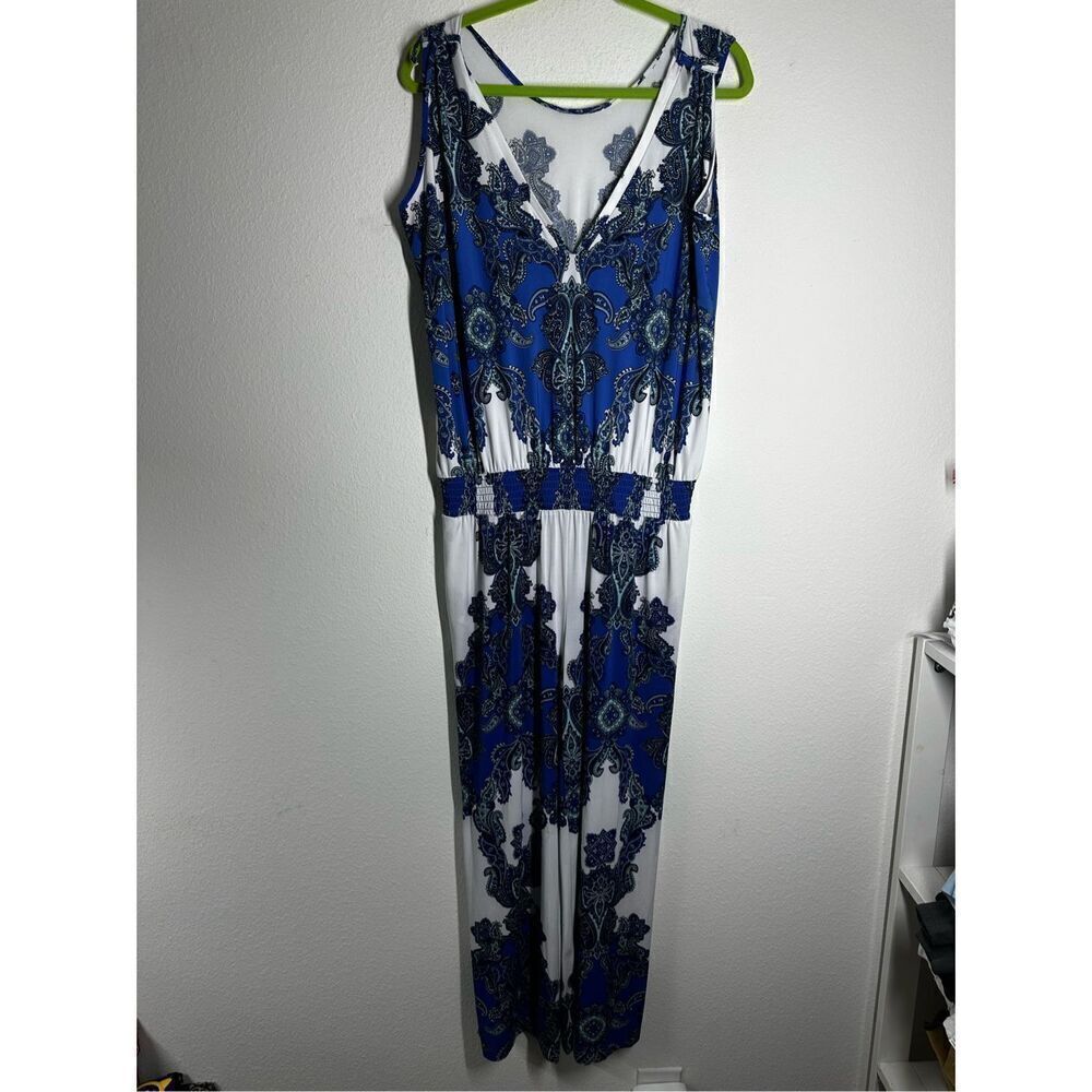 INC Womens Jumpsuit Black Blue Large L Striped  Wide Leg Pockets See Description